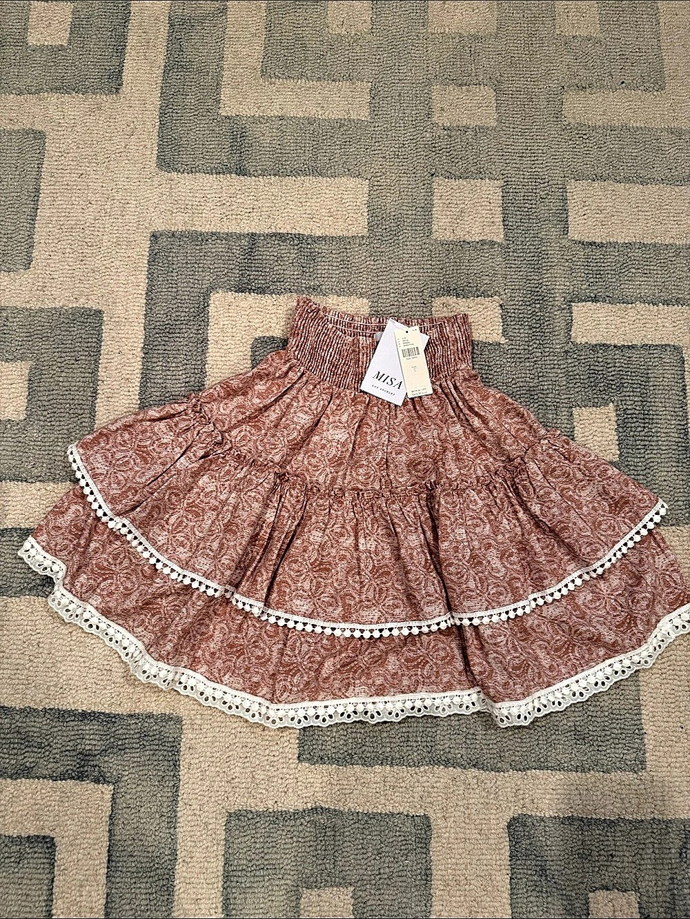 MISA Paisley Tiered Mini Skirt in Pink & White Size Small NWT
